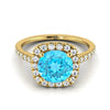 14K Yellow Gold Round Brilliant Swiss Blue Topaz Halo Diamond Pave Engagement Ring -1/3ctw