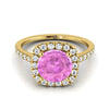 18K Yellow Gold Round Brilliant Pink Sapphire Halo Diamond Pave Engagement Ring -1/3ctw. (แหวนหมั้นเพชร)