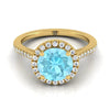 18K Yellow Gold Round Brilliant Classic French Pave Halo และ Linear Engagement Ring -1/4ctw