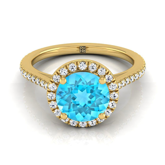 14K Yellow Gold Round Brilliant Classic French Pave Halo และ Linear Engagement Ring -1/4ctw