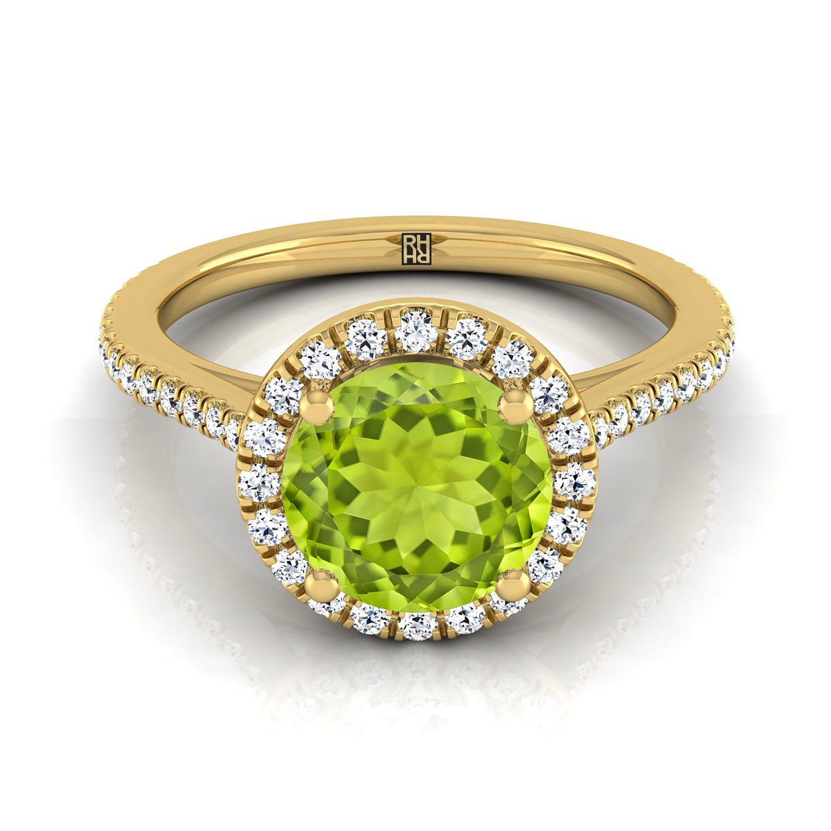 14K Yellow Gold Round Brilliant Classic French Pave Halo และ Linear Engagement Ring -1/4ctw