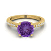 14K Yellow Gold Round Brilliant Amethyst Tapered Pave Diamond Engagement Ring -1/8ctw