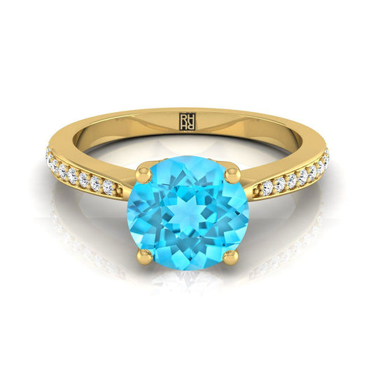 14K สีเหลืองทอง Round Brilliant Swiss Blue Topaz Tapered Pave แหวนหมั้นเพชร -1/8ctw