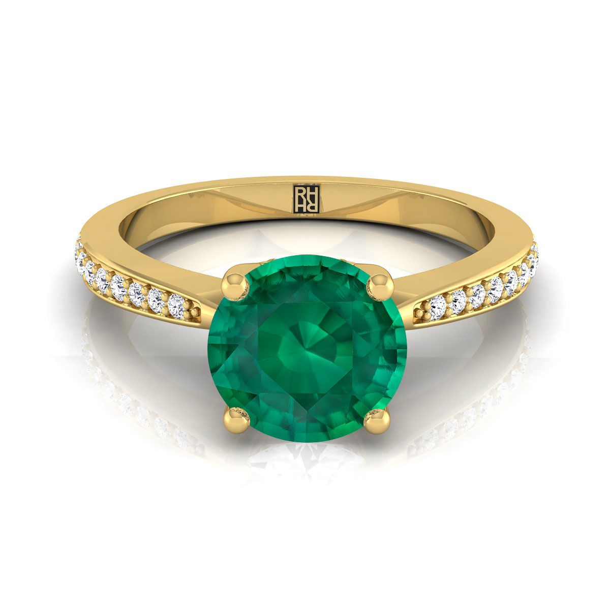 18K Yellow Gold Round Brilliant Emerald Tapered Pave Diamond แหวนหมั้น -1/8ctw