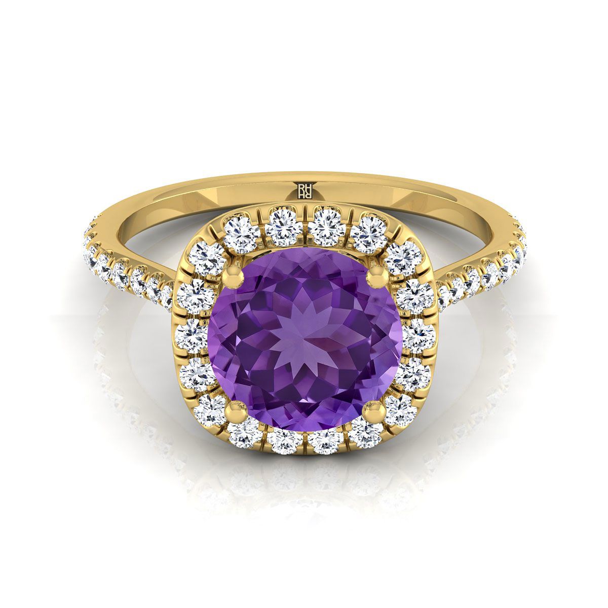 14K สีเหลืองทอง Round Brilliant Amethyst Shared Prong Diamond Halo แหวนหมั้น -3/8ctw