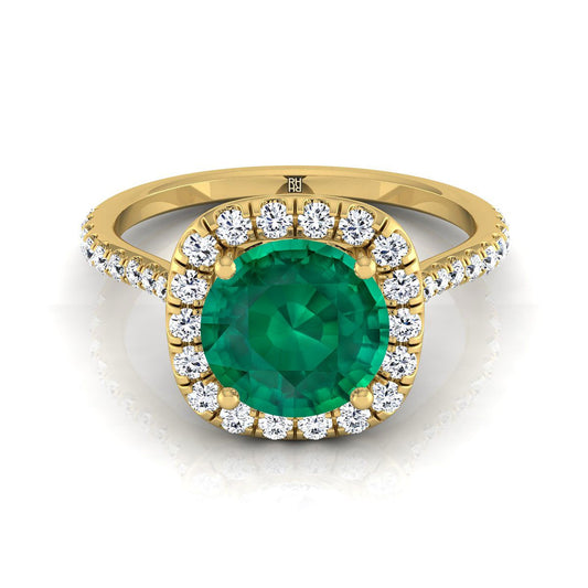 18K Yellow Gold Round Brilliant Emerald แบ่งปันแหวนหมั้นเพชรง่าม Halo -3/8ctw