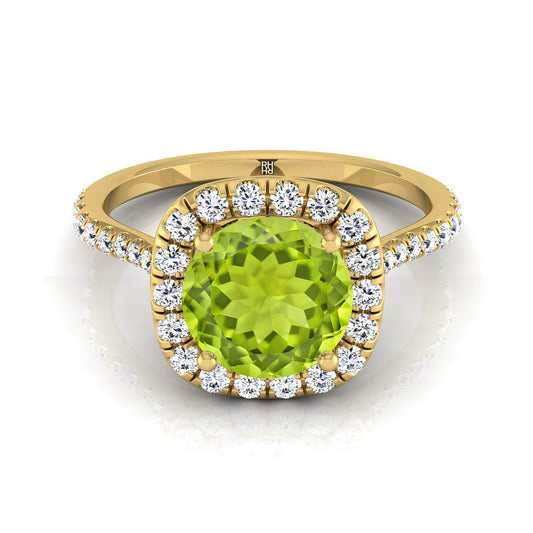 18K Yellow Gold Round Brilliant Peridot Shared Prong Diamond Halo Engagement Ring -3/8ctw