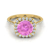 14K Yellow Gold Round Brilliant Pink Sapphire Shared Prong Diamond Halo Engagement Ring -3/8ctw