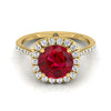 18K Yellow Gold Round Brilliant Ruby Shared Prong Diamond Halo Engagement Ring -3/8ctw