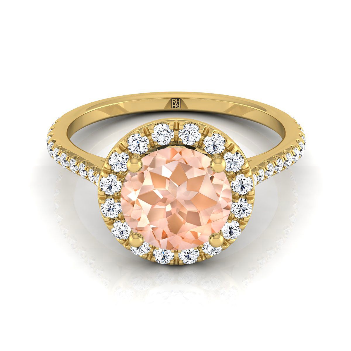 แหวนหมั้นเพชร Morganite Morganite Halo 14K สีเหลืองทอง -3 / 8ctw