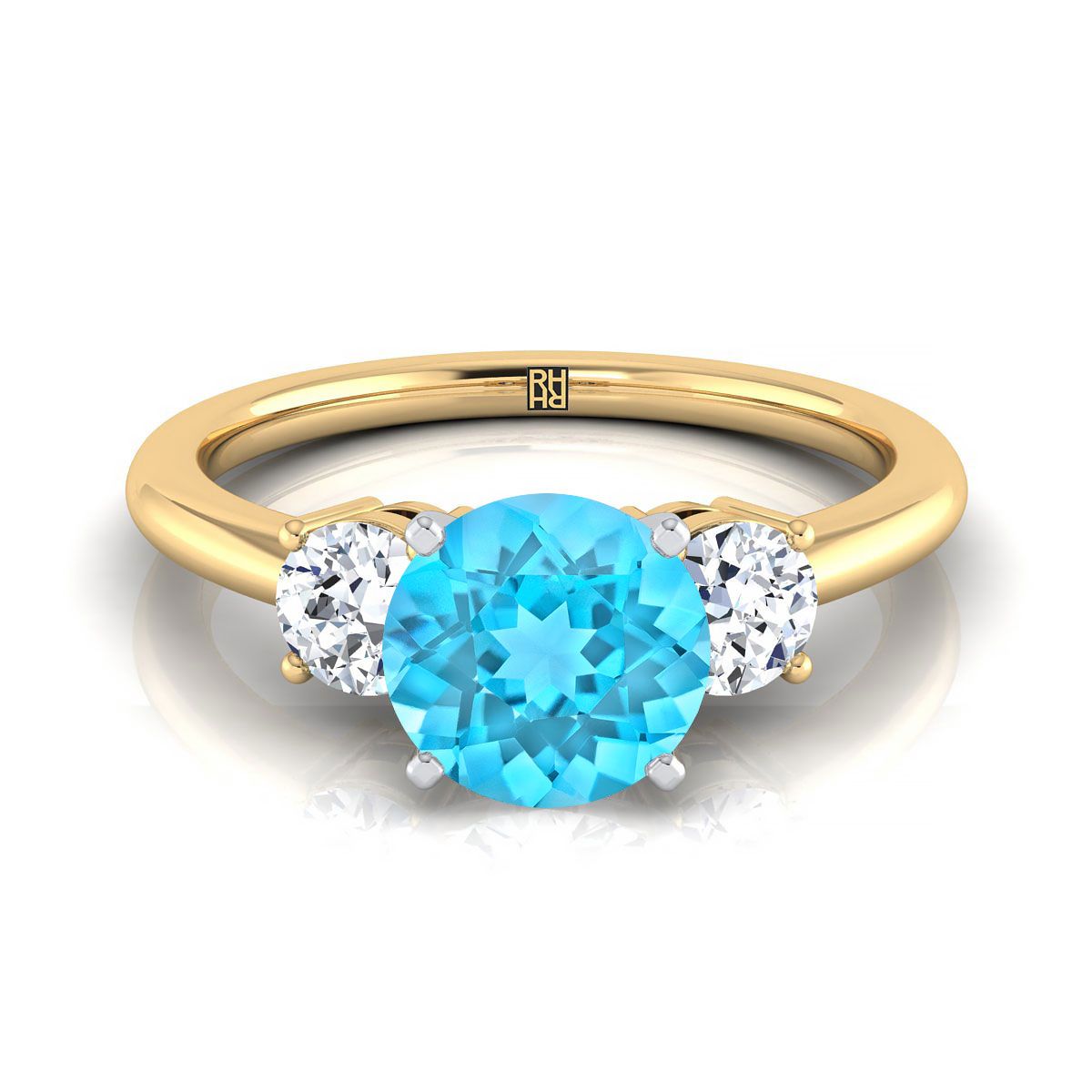 18K Yellow Gold Round Brilliant Swiss Blue Topaz Perfectly Matched Round Three Stone Diamond Engagement Ring -1/4ctw
