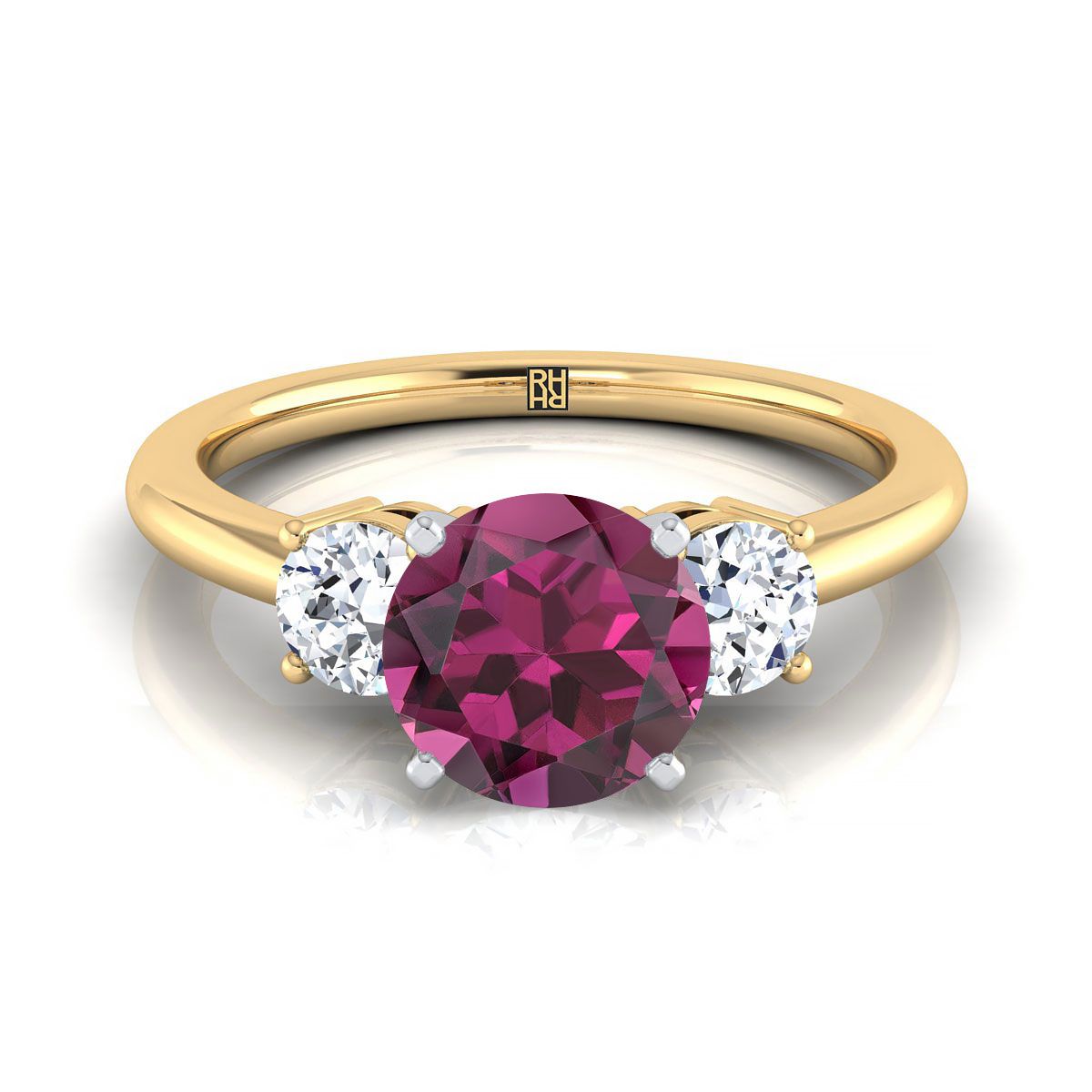 18K สีเหลืองทอง Round Brilliant Garnet จับคู่อย่างสมบูรณ์แบบรอบสามแหวนหมั้นเพชร -1/4ctw