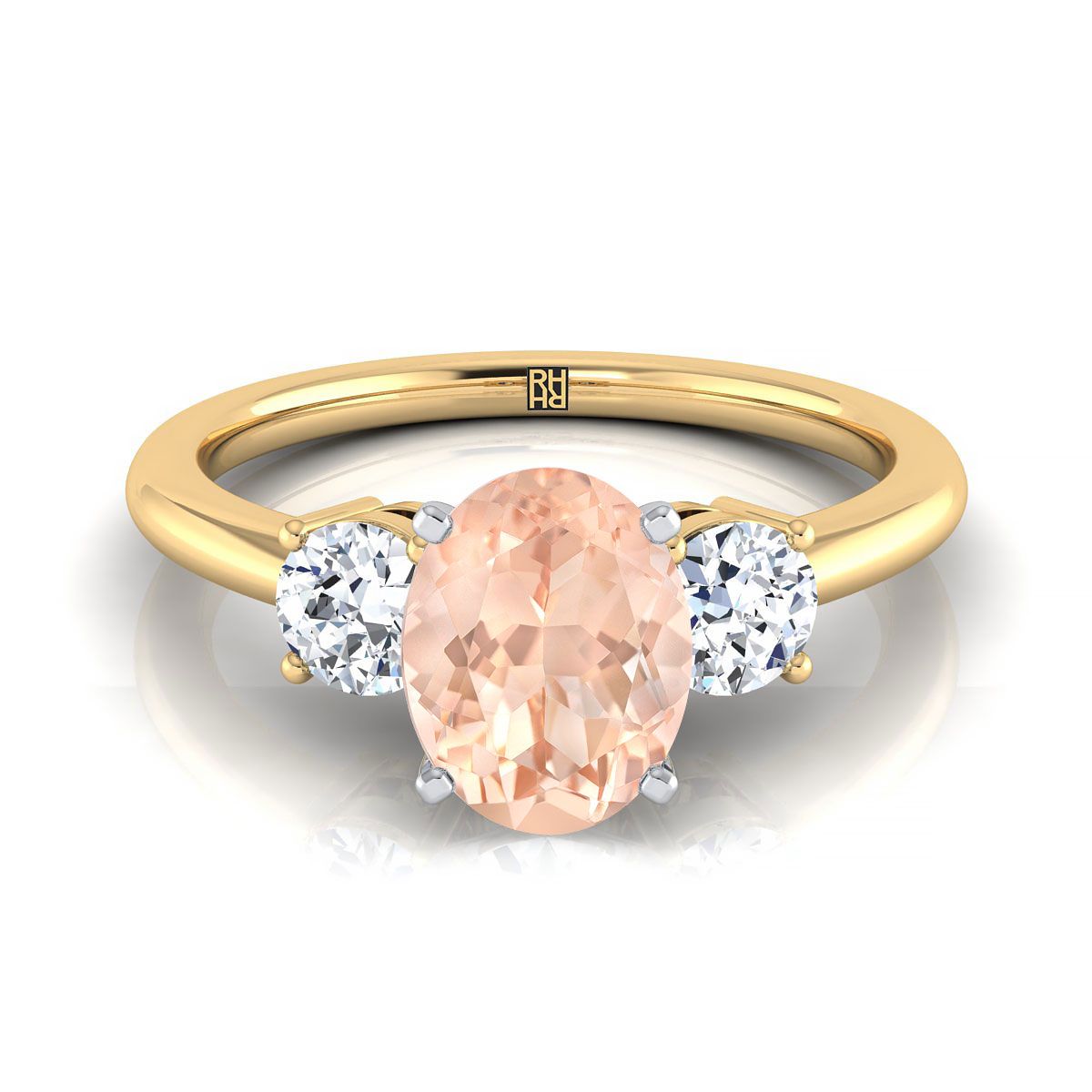 14K Yellow Gold Oval Morganite แหวนหมั้นเพชรหินสามเม็ดที่เข้าคู่กันอย่างลงตัว -1/4ctw