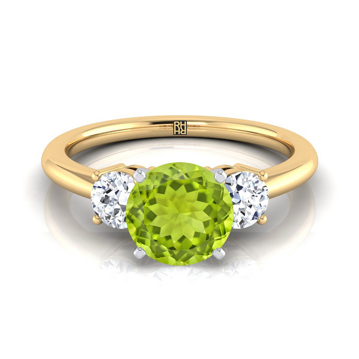 14K สีเหลืองทอง Round Brilliant Peridot จับคู่อย่างสมบูรณ์แบบรอบสามแหวนหมั้นเพชร -1/4ctw