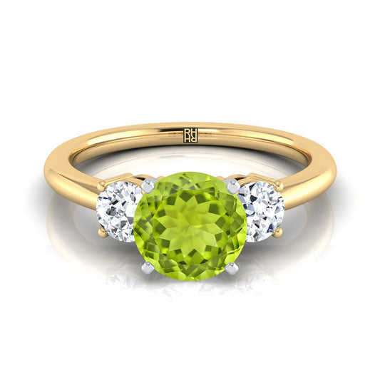 18K Yellow Gold Round Brilliant Peridot Perfectly Matched Round Three Stone Diamond Engagement Ring -1/4ctw