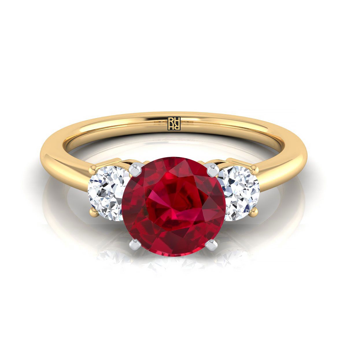 18K สีเหลืองทอง Round Brilliant Ruby จับคู่อย่างสมบูรณ์แบบรอบสามแหวนหมั้นเพชร -1/4ctw