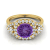 14K สีเหลืองทอง Round Brilliant Amethyst Delicate สามหิน Halo Pave แหวนหมั้นเพชร -5/8ctw