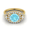 18K สีเหลืองทอง Round Brilliant Aquamarine Delicate สามหิน Halo Pave แหวนหมั้นเพชร -5/8ctw