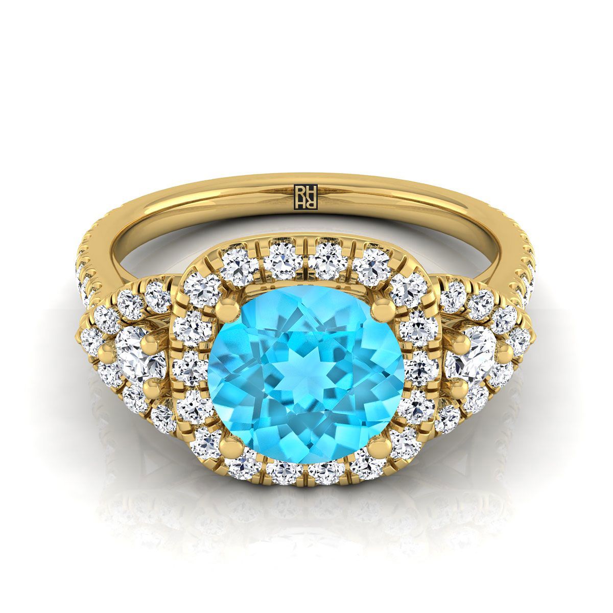 18K Yellow Gold Round Brilliant Swiss Blue Topaz Delicate Three Stone Halo Pave Diamond Engagement Ring -5/8ctw