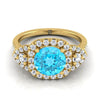 18K สีเหลืองทอง Round Brilliant Swiss Blue Topaz Delicate สามหิน Halo Pave แหวนหมั้นเพชร -5/8ctw