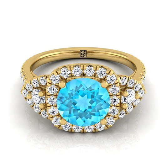 14K สีเหลืองทอง Round Brilliant Swiss Blue Topaz Delicate สามหิน Halo Pave แหวนหมั้นเพชร -5/8ctw