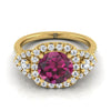 14K สีเหลืองทอง Round Brilliant Garnet Delicate สามหิน Halo Pave แหวนหมั้นเพชร -5/8ctw