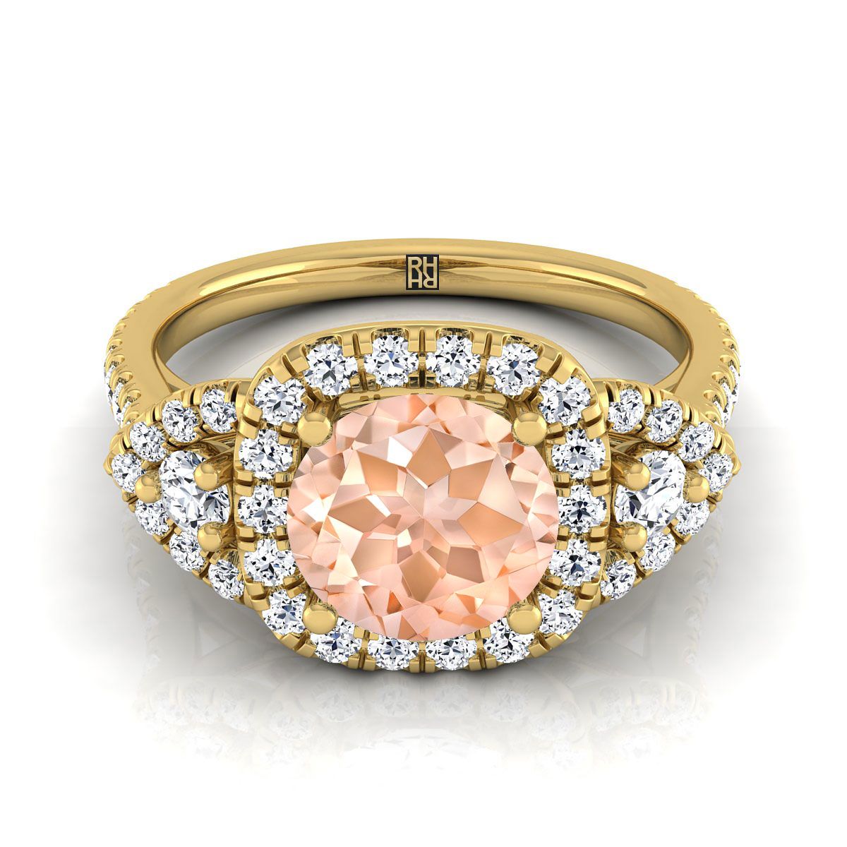 14K สีเหลืองทอง Round Brilliant Morganite Delicate สามหิน Halo Pave แหวนหมั้นเพชร -5/8ctw