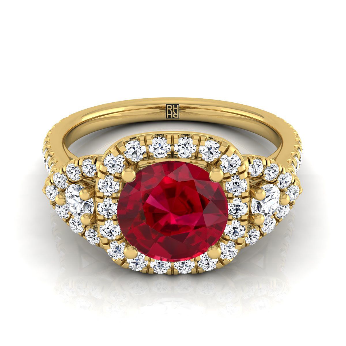 14K สีเหลืองทอง Round Brilliant Ruby Delicate สามหิน Halo Pave แหวนหมั้นเพชร -5/8ctw