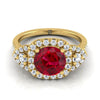 18K สีเหลืองทอง Round Brilliant Ruby Delicate สามหิน Halo Pave แหวนหมั้นเพชร -5/8ctw