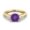 18K สีเหลืองทองรอบ Brilliant Amethyst Pinched Comfort Fit Claw PRONG Solitaire แหวนหมั้น