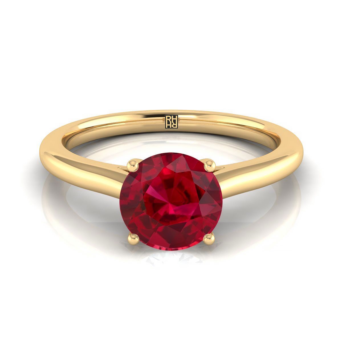 18K Yellow Gold Round Brilliant Ruby บีบ Comfort Fit Claw Prong Solitaire แหวนหมั้น