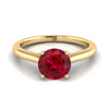 14K Yellow Gold Round Brilliant Ruby บีบ Comfort Fit Claw Prong Solitaire แหวนหมั้น