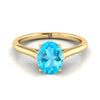 14K Yellow Gold Oval Swiss Blue Topaz Cathedral Style Comfort Fit Solitaire Engagement Ring