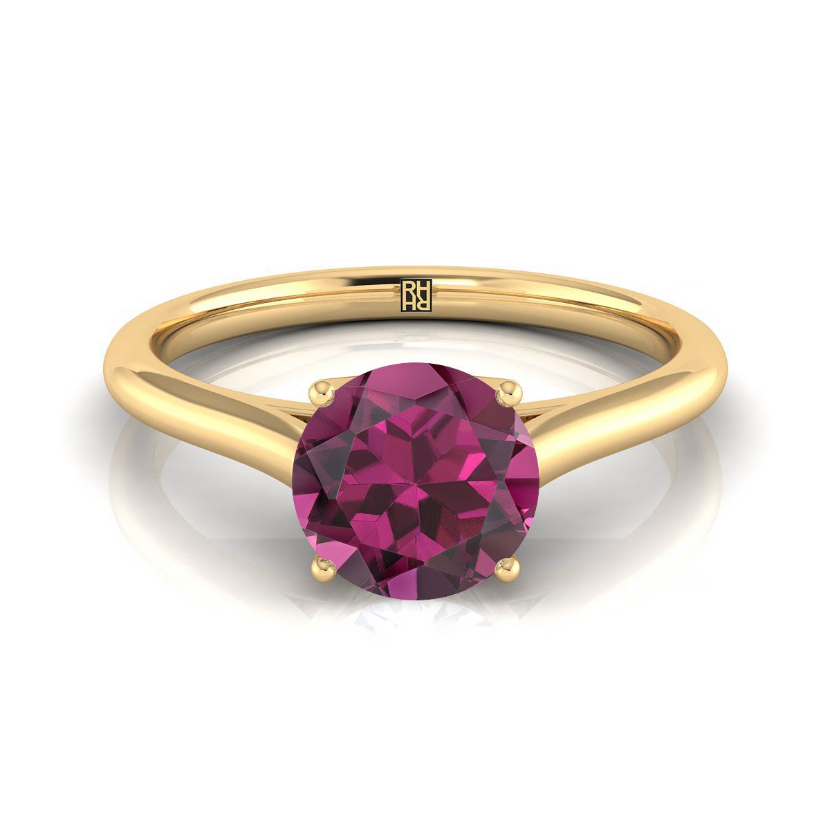 14K Yellow Gold Round Brilliant Garnet Cathedral Style Comfort Fit Solitaire Engagement Ring