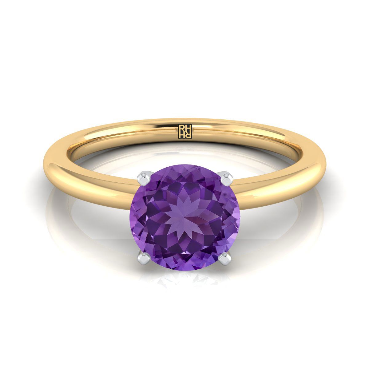18K Yellow Gold Round Brilliant Amethyst Round Comfort Fit Claw Prong Solitaire แหวนหมั้น