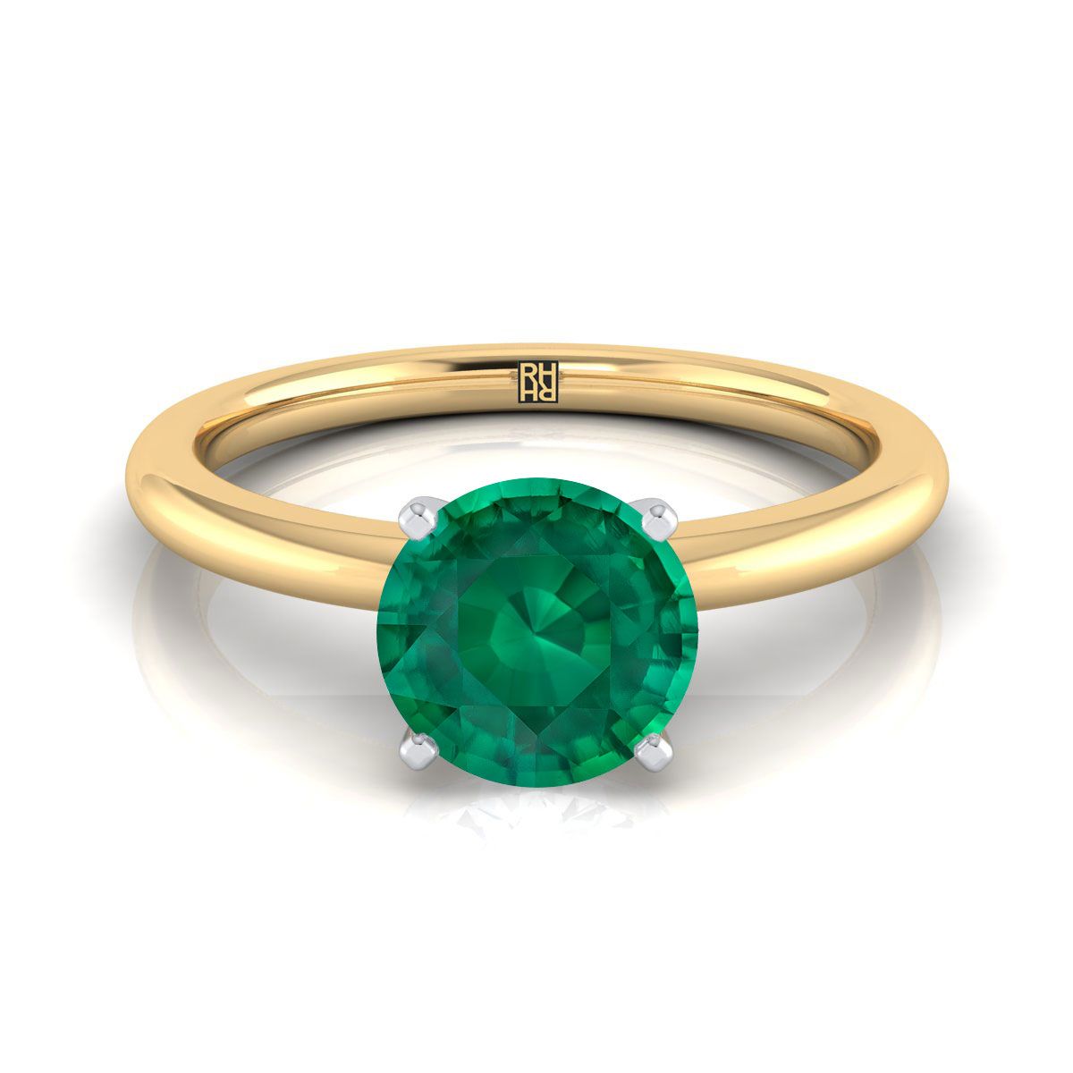 14K Yellow Gold Round Brilliant Emerald Round Comfort Fit Claw Prong Solitaire แหวนหมั้น