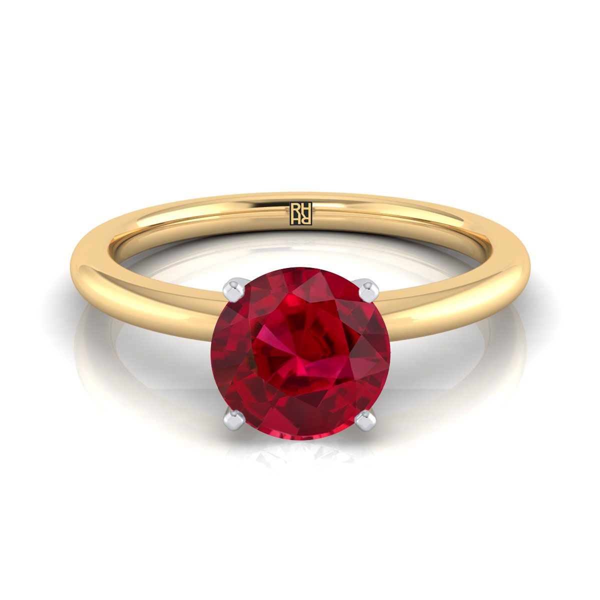 18K Yellow Gold Round Brilliant Ruby Round Comfort Fit Claw Prong Solitaire แหวนหมั้น