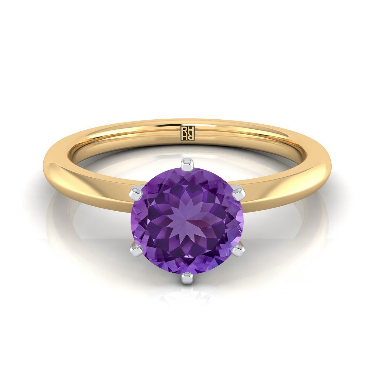 14K สีเหลืองทอง Round Brilliant Amethyst Pinched Comfort Fit Claw PRONG Solitaire แหวนหมั้น