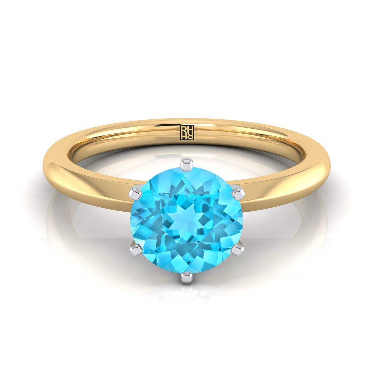 18K สีเหลืองทอง Round Brilliant Swiss Blue Topaz Pinched Comfort Fit Claw Prong Solitaire แหวนหมั้น