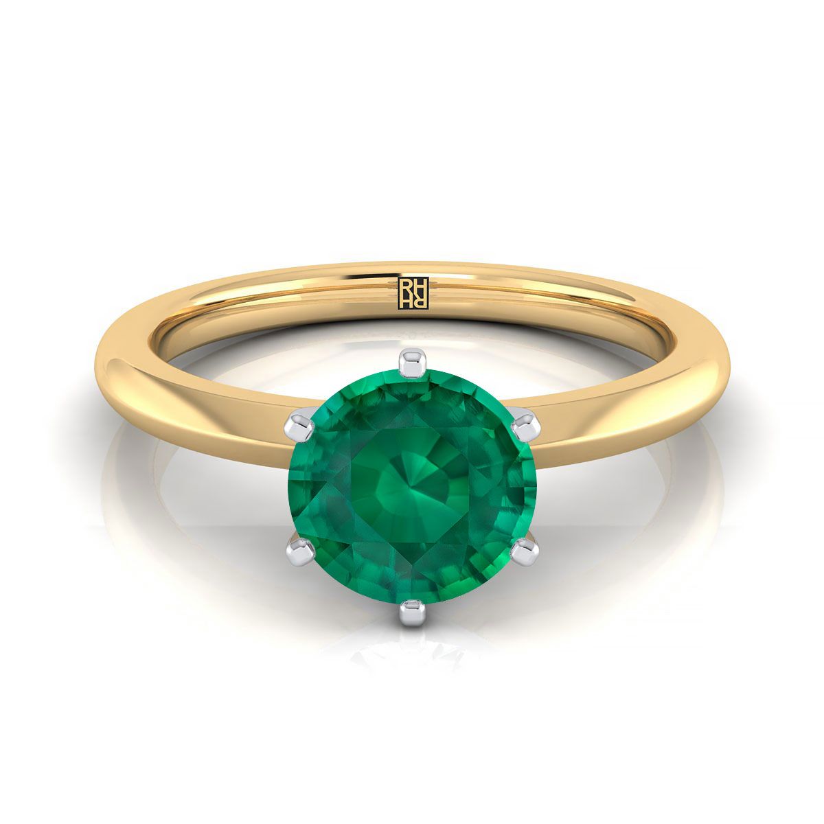 18K Yellow Gold Round Brilliant Emerald Pinched Comfort Fit Claw Prong Solitaire Engagement Ring