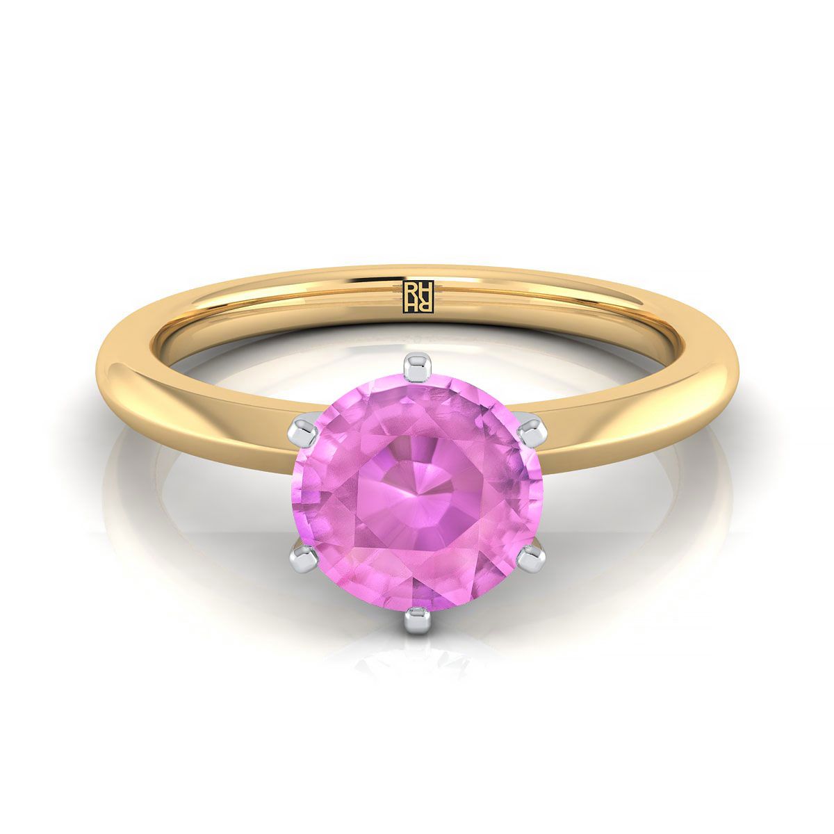 14K Yellow Gold Round Brilliant Pink Sapphire Pinched Comfort Fit Claw Prong Solitaire แหวนหมั้น