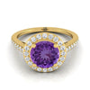 18K สีเหลืองทอง Round Brilliant Amethyst French Pave Halo Secret Gallery แหวนหมั้นเพชร -3/8ctw