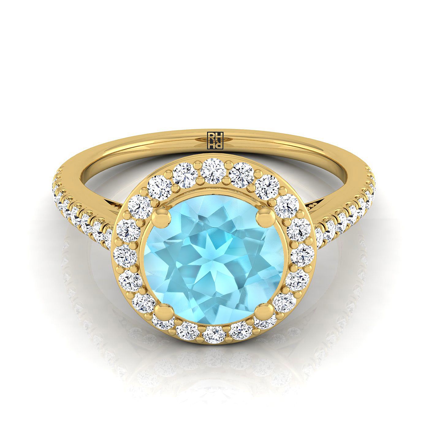 18K สีเหลืองทอง Round Brilliant Aquamarine French Pave Halo Secret Gallery แหวนหมั้นเพชร -3/8ctw