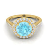 14K สีเหลืองทอง Round Brilliant Aquamarine French Pave Halo Secret Gallery แหวนหมั้นเพชร -3/8ctw