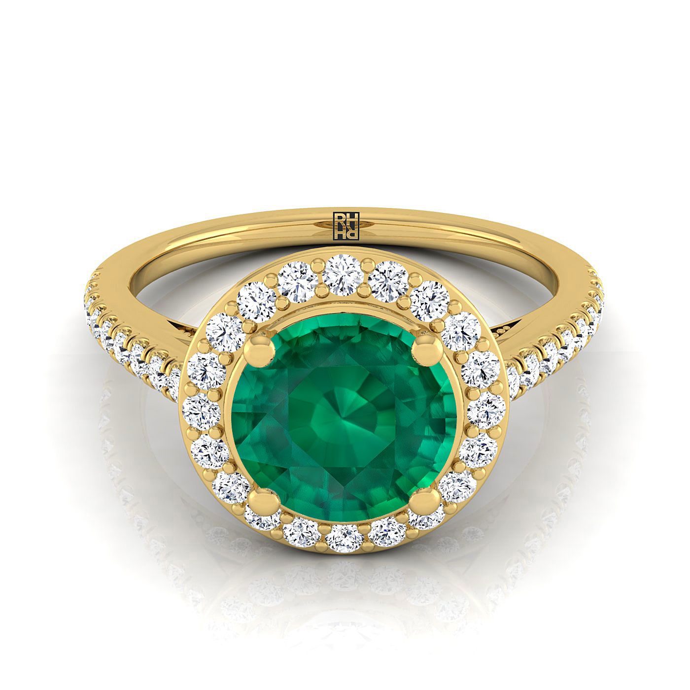 18K สีเหลืองทอง Round Brilliant Emerald French Pave Halo Secret Gallery แหวนหมั้นเพชร -3/8ctw