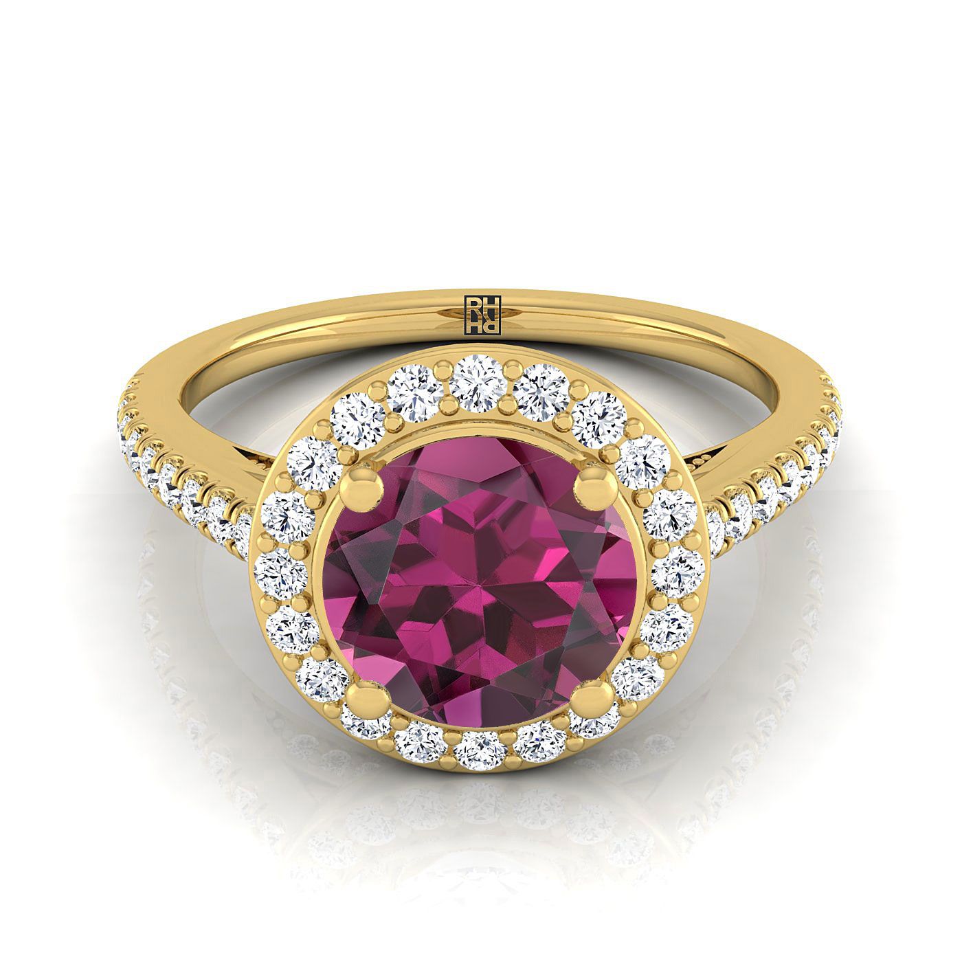 14K Yellow Gold Round Brilliant Garnet French Pave Halo Secret Gallery Diamond Engagement Ring -3/8ctw