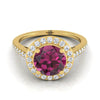 18K Yellow Gold Round Brilliant Garnet French Pave Halo Secret Gallery Diamond Engagement Ring -3/8ctw