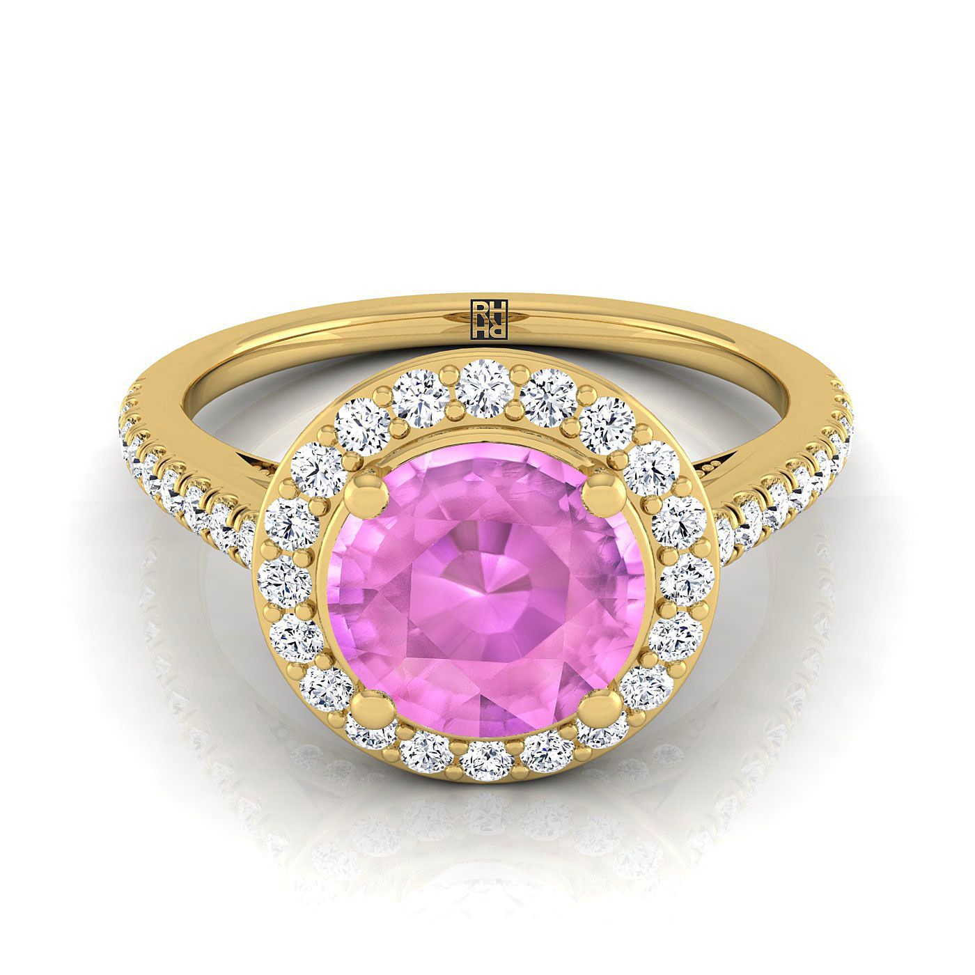 14K สีเหลืองทอง Round Brilliant Pink Sapphire French Pave Halo Secret Gallery แหวนหมั้นเพชร -3/8ctw