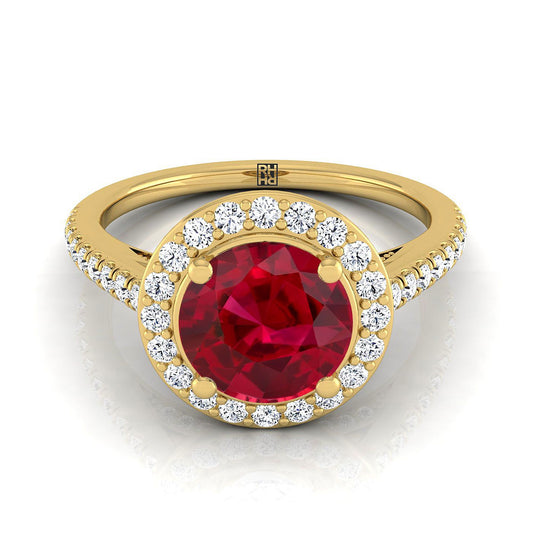 18K สีเหลืองทอง Round Brilliant Ruby French Pave Halo Secret Gallery แหวนหมั้นเพชร -3/8ctw