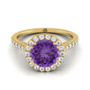 14K สีเหลืองทอง Round Brilliant Amethyst แนวนอนแฟนซี East West Diamond Halo แหวนหมั้น -1/2ctw